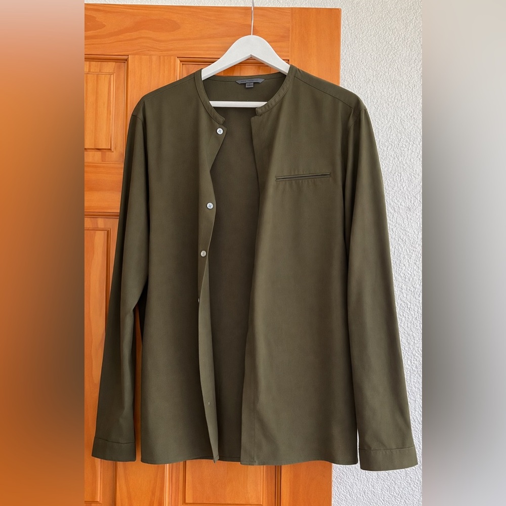 John Varvatos Olive Green Collarless Shirt Jacket